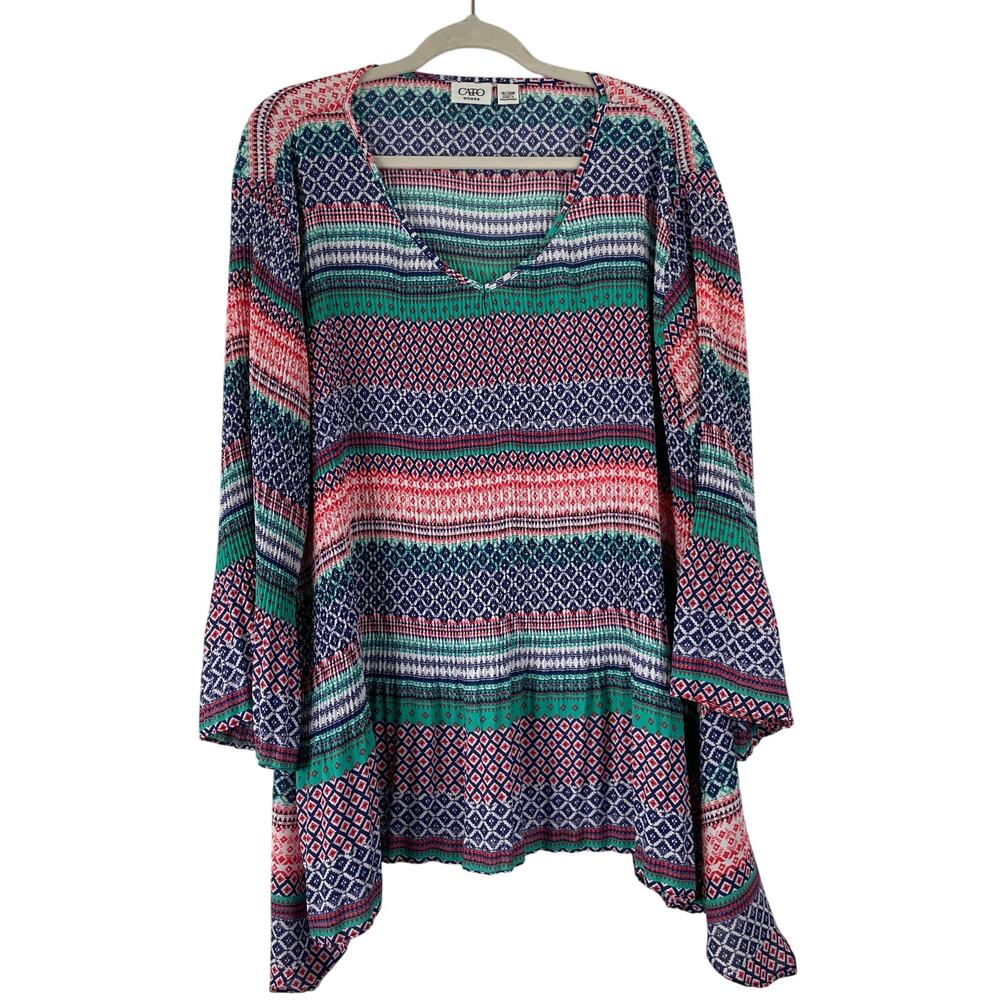 CATO Woman Pleated multi-color V-neck Tunic Bell Sleeves Blouse Size 18/20W
